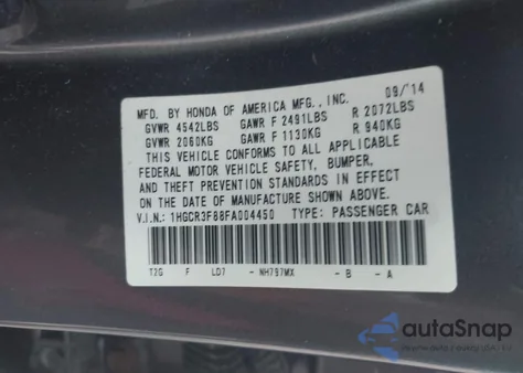 2015 Honda Accord Ex-L V-6 from USA, damaged, VIN 1HGCR3F88FA004450
